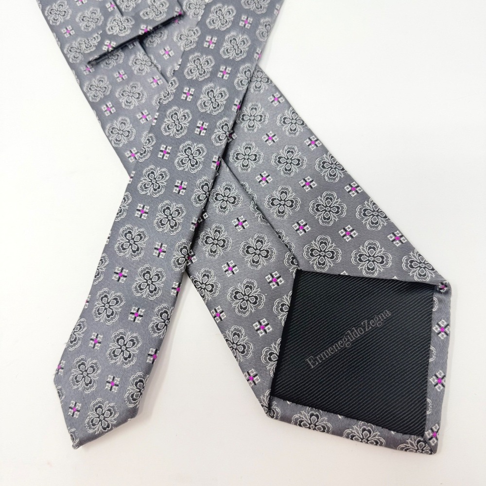 Ermenegildo Zegna Mens Silk Tie Grey Black Magenta Geometric Floral Italy